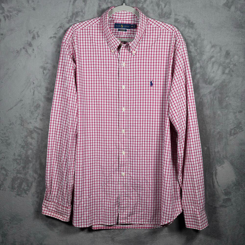Ralph Lauren Polo Shirt Men XXL Red Blue Plaid Stretch Button Down